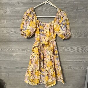Sim & Sam Yellow Floral Puff Sleeve Tiered Mini Dress Smocked Back XS